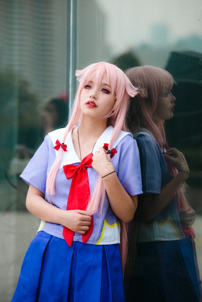 Young woman in anime schoolgirl outfit with pink hair reflects on window.